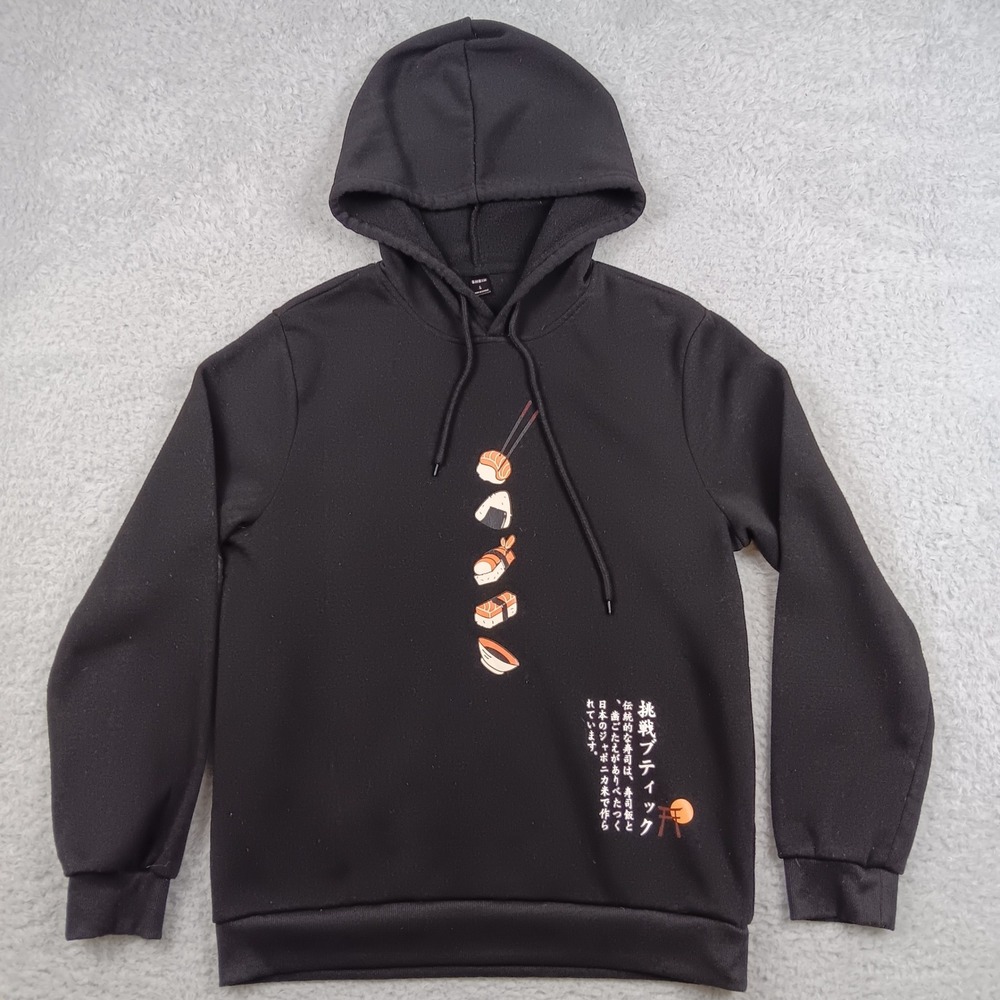 Shein Hoodie Sushi Graphic Men L Black Japanese Kanji Pullover